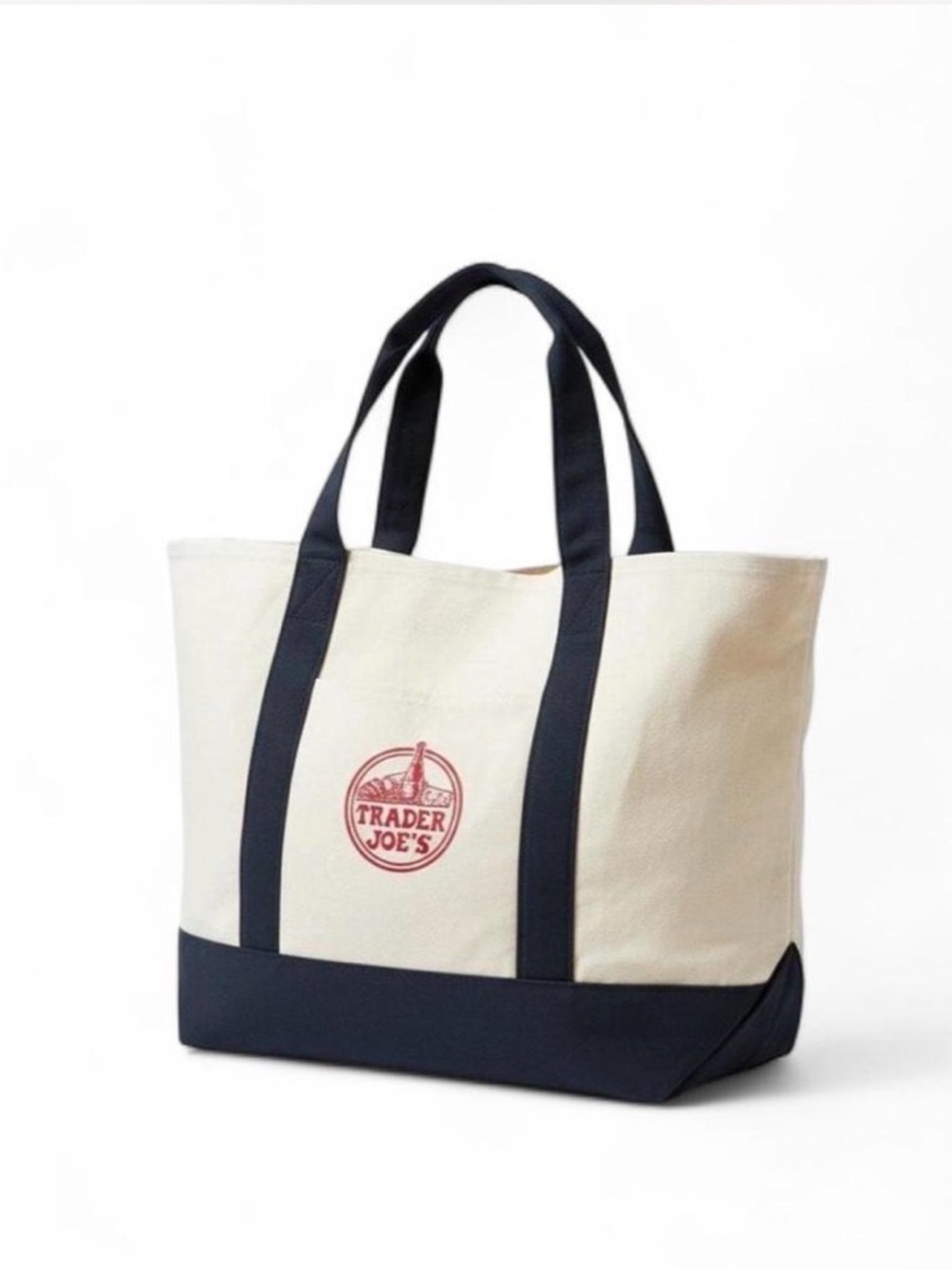Trader Joe's Cream and Navy Canvas Large Tote Bag